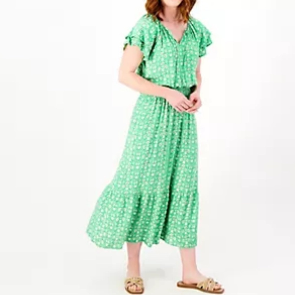 Destination 365 women XL Printed Short-Sleeve Midi Dress Smocking Green Floral